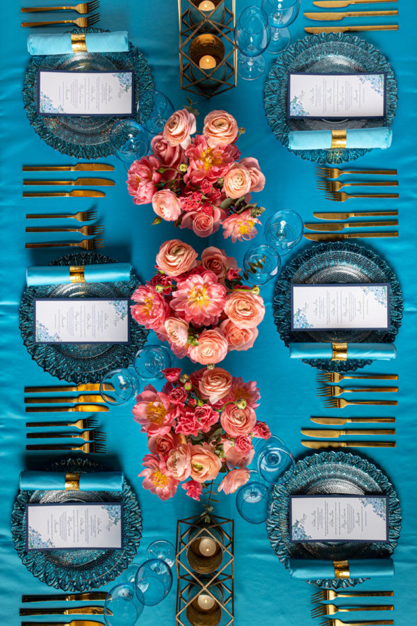 formal table setting party peach flowers turquoise gold metal food lifestyle by Teresa Ste-Marie Montreal commercial photographer ; Visual Media Strategy