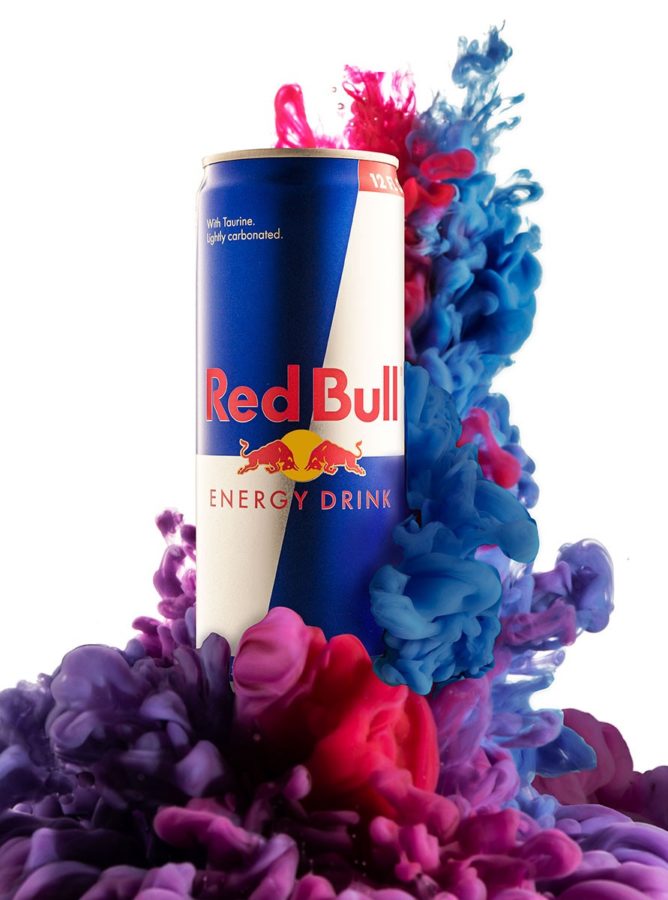 Red Bull surrounded by red and blue acrylic paint