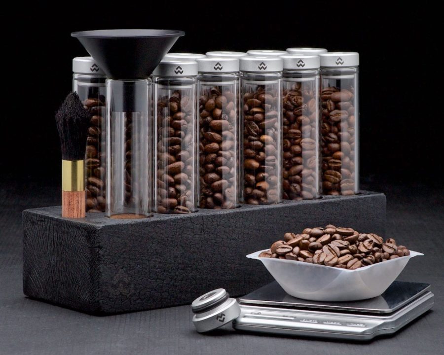 Glass Espresso Dose Containers with Weight Scale and Funnel Copyright Bret Doss Visual Media Strategy