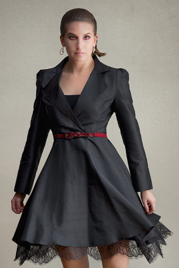 Model in Vintage DVF Dianne von Furstenberg Lace Trimmed Black Dress with Red Belt Copyright Bret Doss Visual Media Strategy