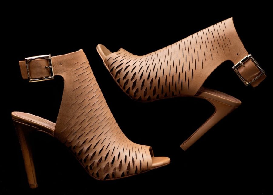Brown Leather Mesh Open Toe High Heel Shoes on Black Background Copyright Bret Doss Visual Media Strategy