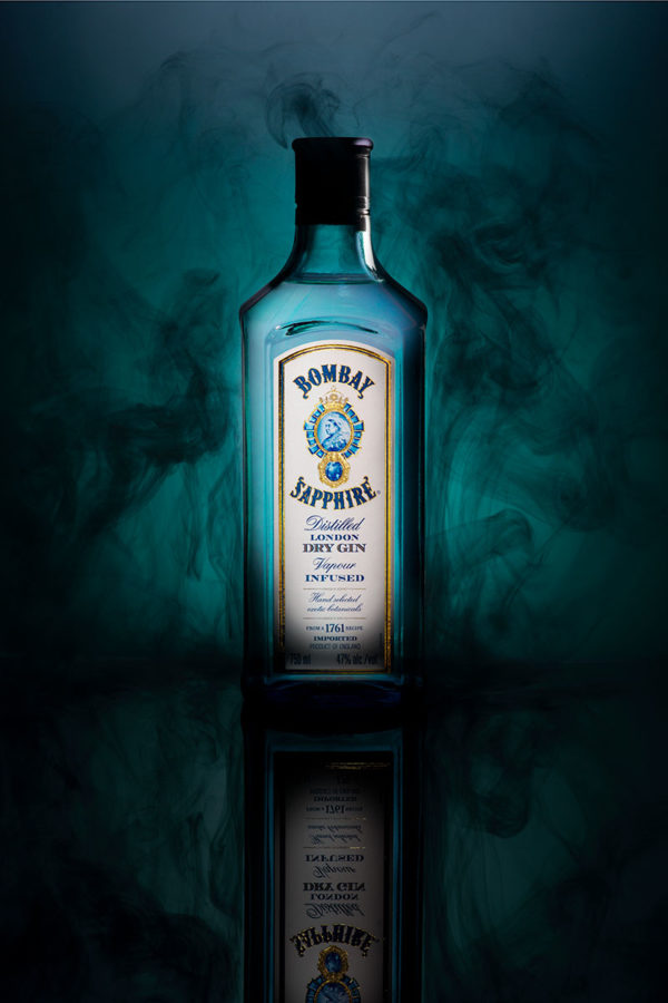 Moody Bombay Sapphire Gin bottle surrounded by smoke Greg Kindred visual media strategy