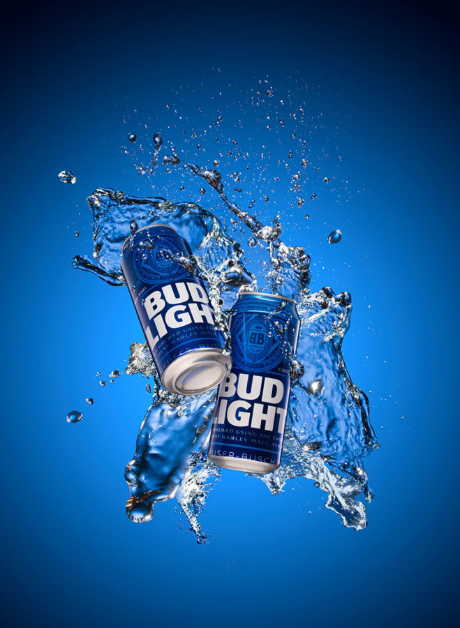 Bud Light Cans colliding with a splash of water in mid air Greg Kindred visual media strategy